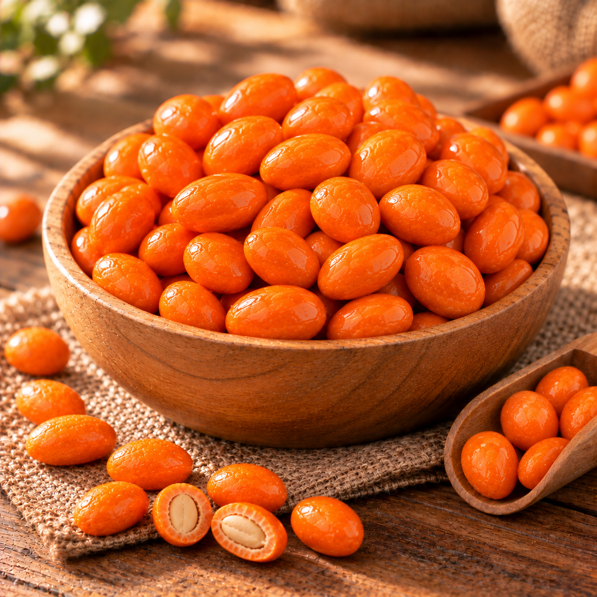 Maní confitado sabor naranja en un bowl de madera
