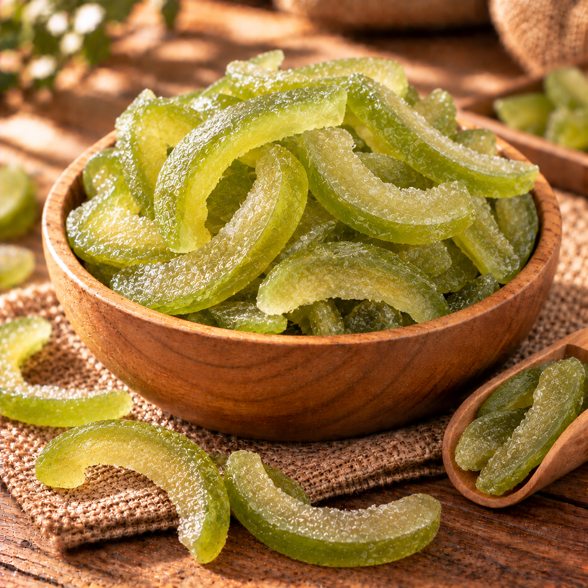 Pomelo verde confitado en un bowl de madera