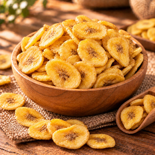 Banana chips en un bowl de madera