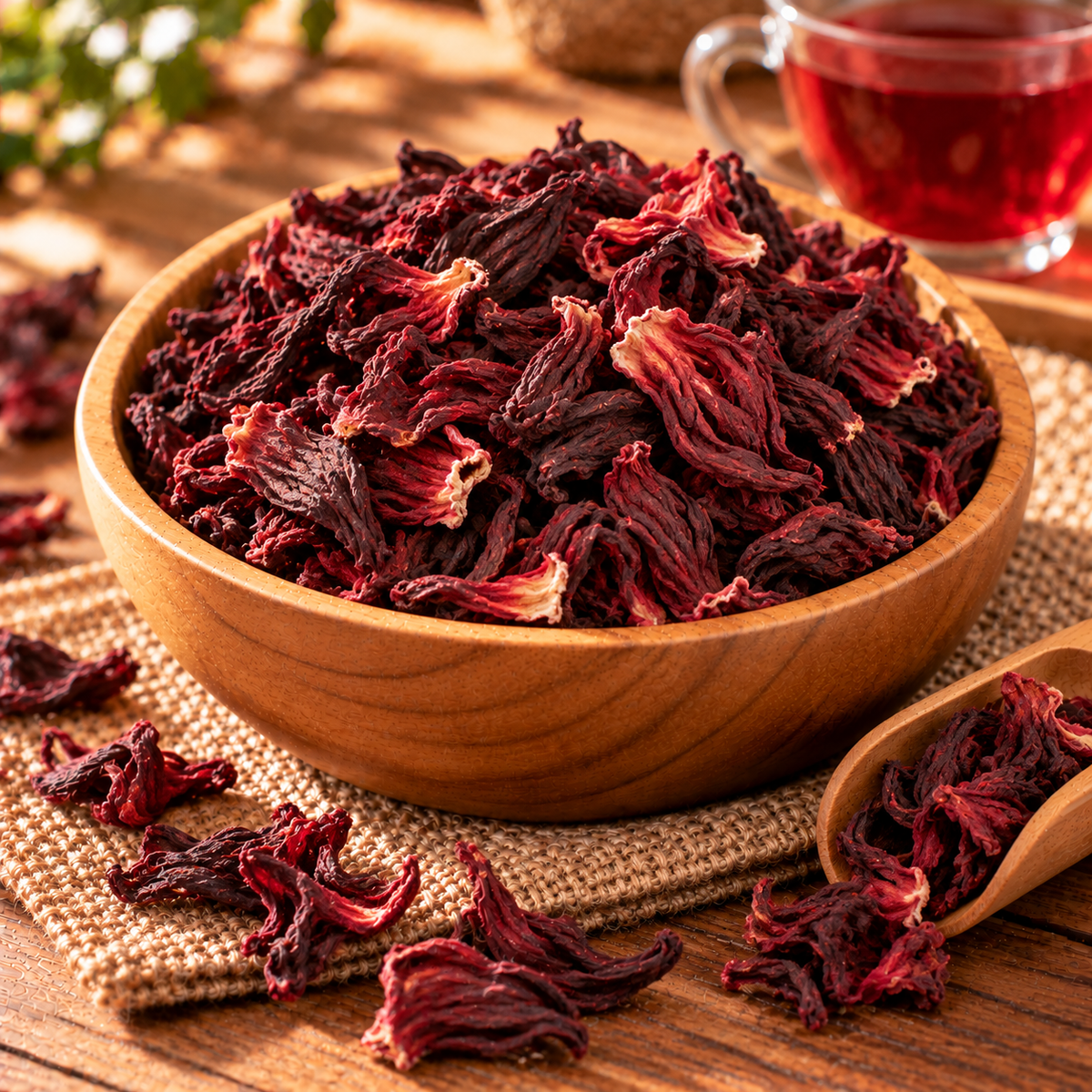 Flor de jamaica deshidratada y una taza de infusión